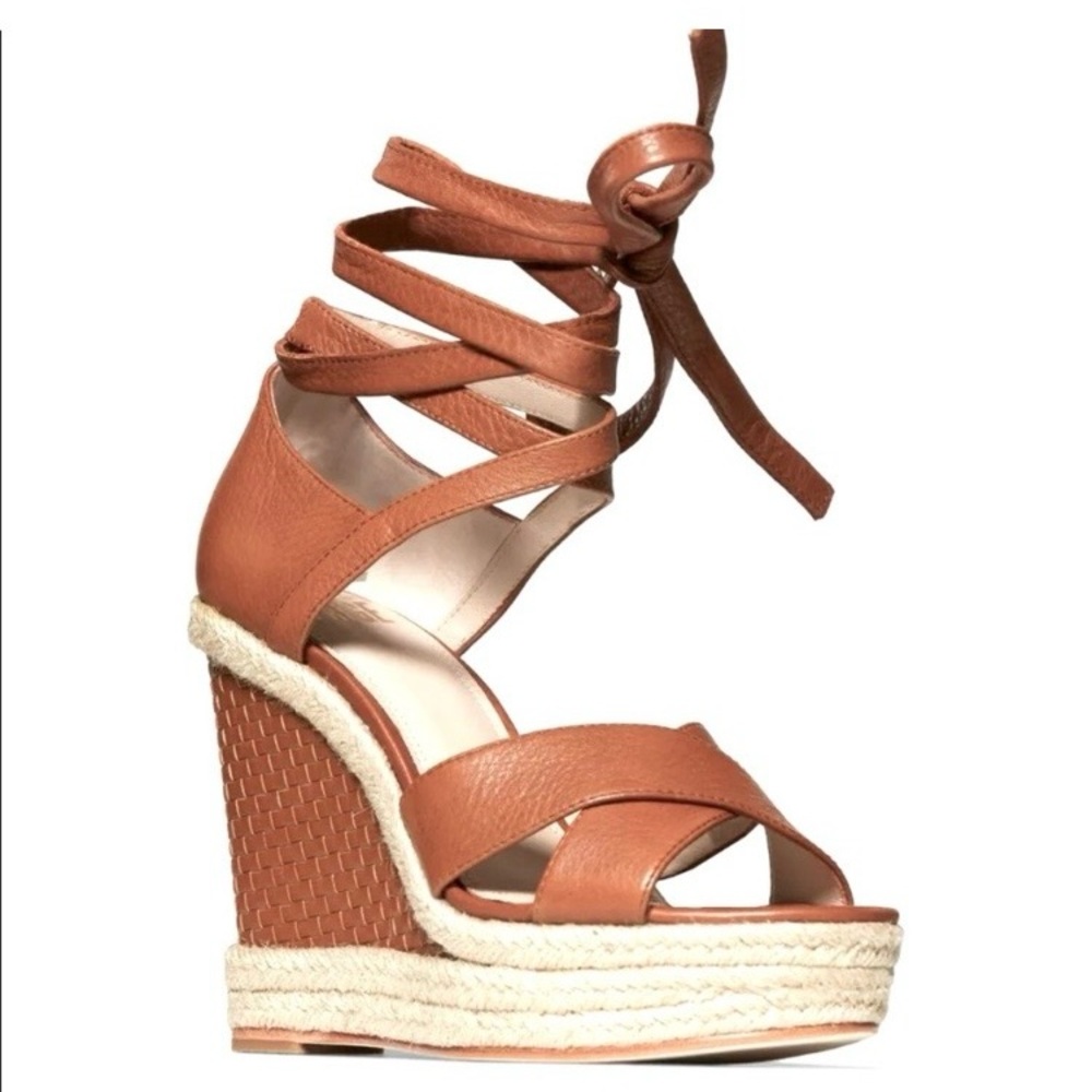 PAIGE Talia Cognac Brown ALL Leather Wedge Sandals w/ natural jute platform. 7